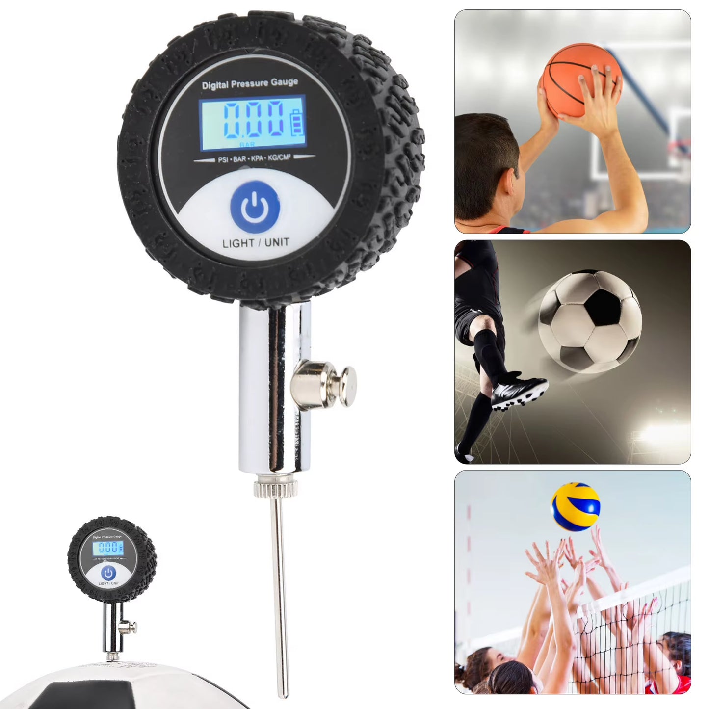 Soccer Ball Pressure Gauge Metal Handheld Soccer Ball Barometer Volleyball Basketball Barometers with Digital Display